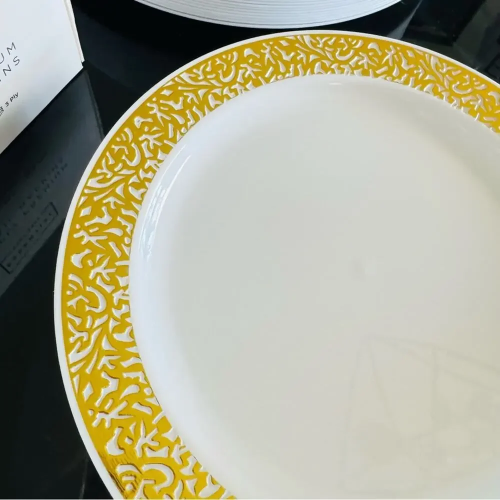 20 NEW Gold Swirl Rim White Plastic Disposable Party Plates Polka Dot Napkins